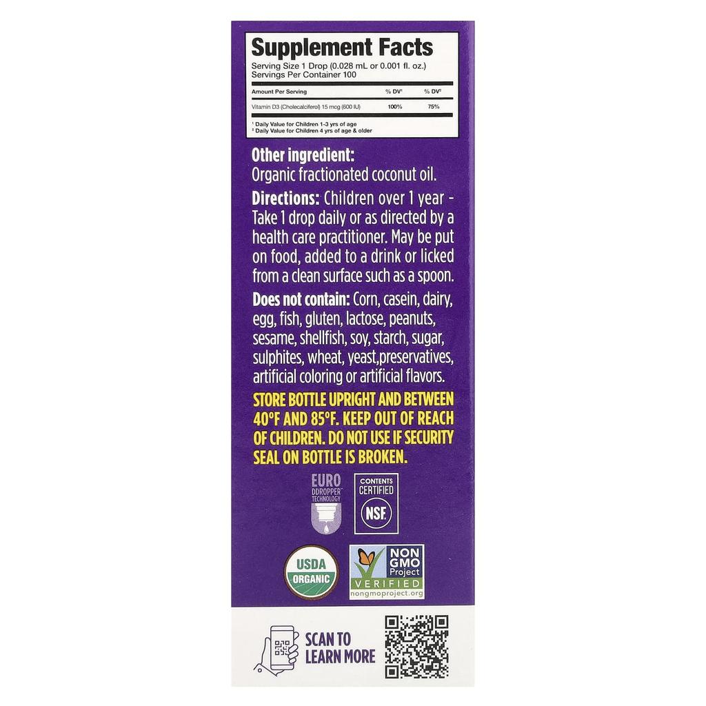 Children's, Booster, Organic Liquid Vitamin D3, 15Mcg(600Iu), 2.8Ml(0.09Fl Oz)