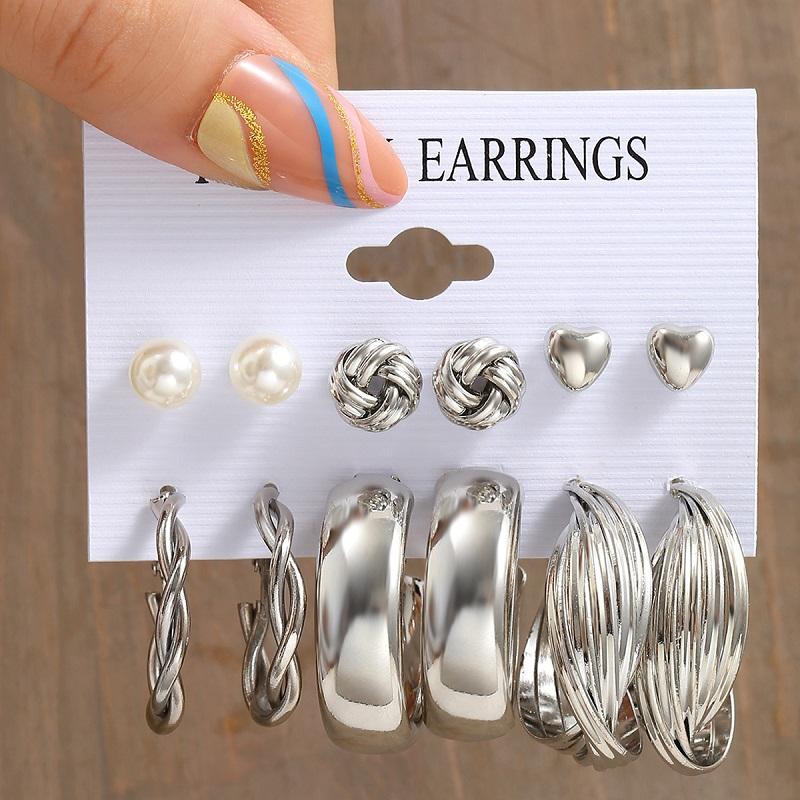 6 Stück/Set Vintage Goldfarbene Gedrehte Creolen-Ohrringe Set Für Damen Minimalistischer Metall-Herz Geometrischer Klobiger Ohrring Schmuck