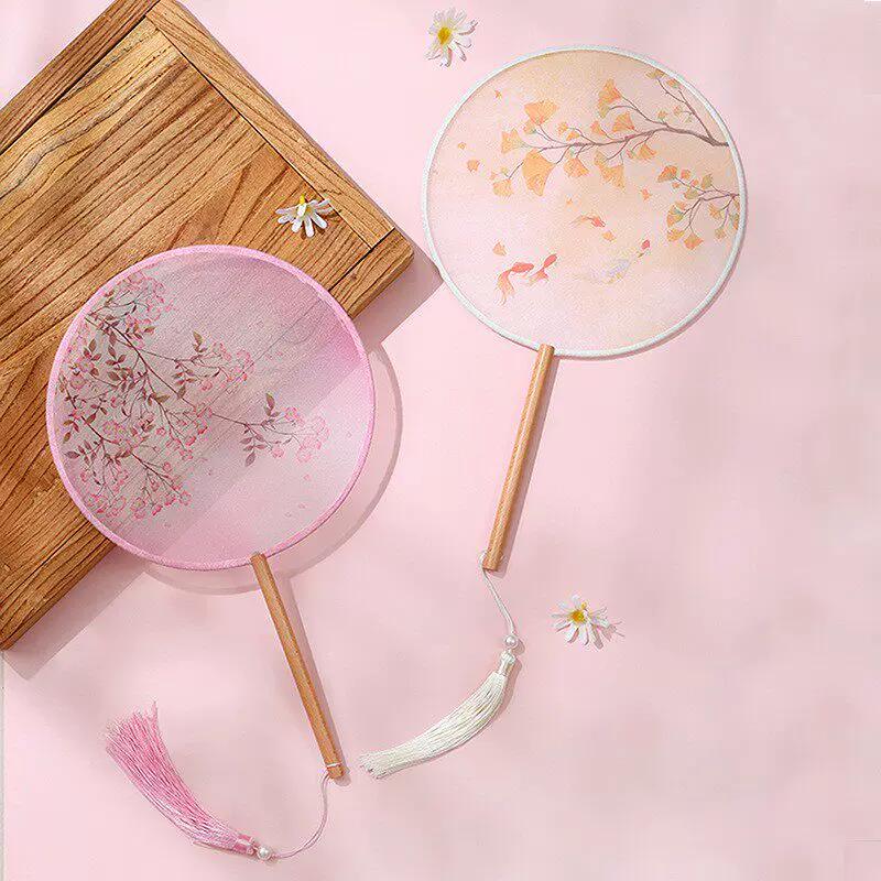 Double-Sided Classical Fan, Ancient Style Semi-Transparent Round Fan with Tassels, Women's Ancient Costume Hanfu Cheongsam Silk Fan