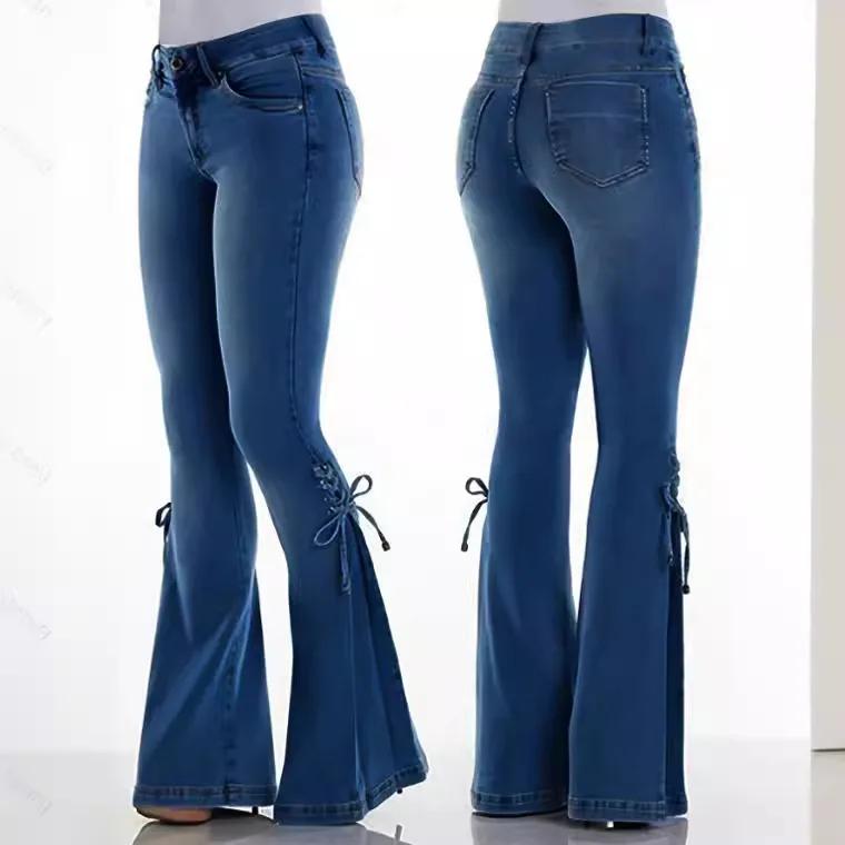 Flare Pants for Women Vintage Jeans Lace Up Stretch Mid Waist Skinny Distressed Washed Streetwear Female Denims Trousers