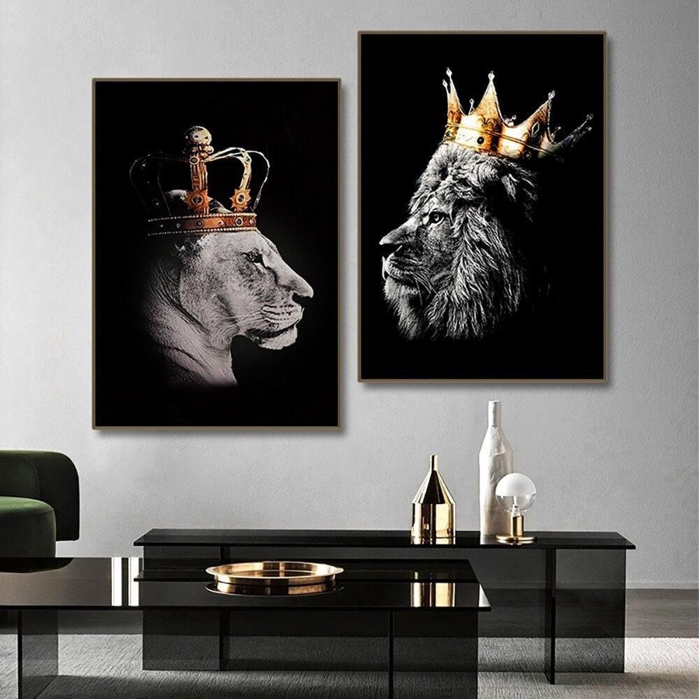 2pcs Lion Couple Wall Decals, Black Lion & Lioness With Crowns Canvas Painting Posters Wall Art Decor, For Home Bedroom Living R