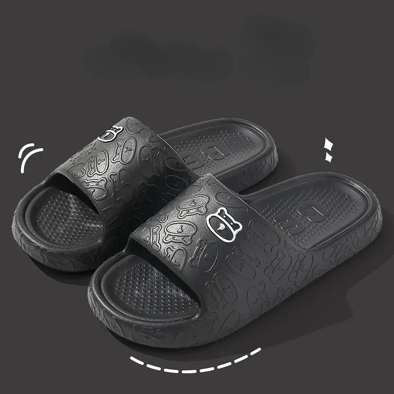 Bear Embossing Slippers Non-slip Silent Platform Women's Summer Indoor Home Shoes Couple Bath High-end Sense Men's Slippers