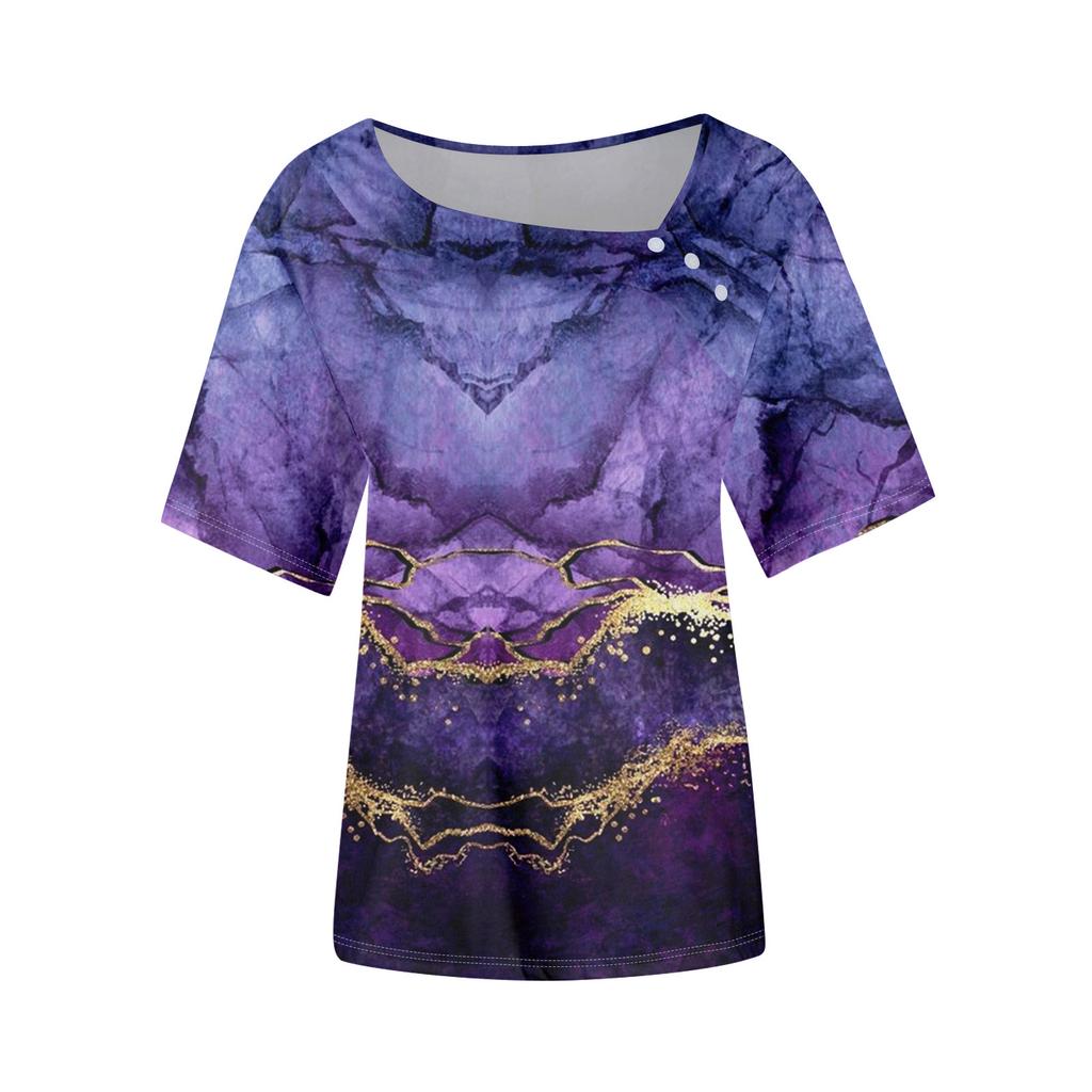 Women's Casual Printed Asymmetric Neck Short Sleeve Decorative Button T-Shirt Top