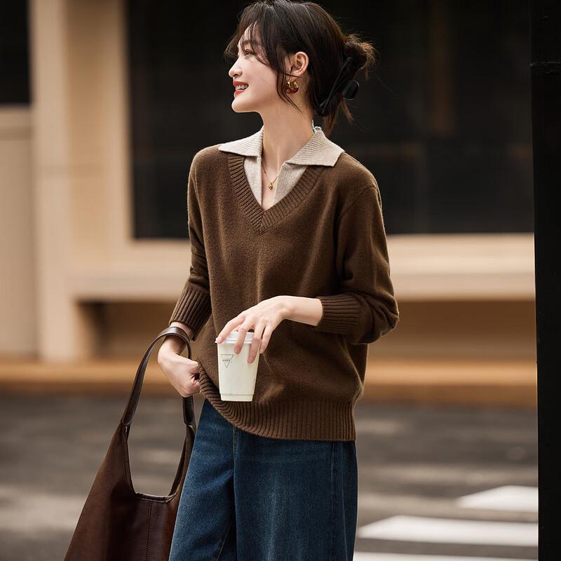 Srcr Women's 100% Merino Wool Faux Two-Piece Lapel Sweater