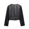 2025 Spring Women's Simple Round Neck Short Leather Jacket with Button Embellishments