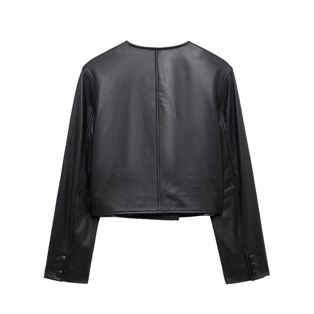 2025 Spring Women's Simple Round Neck Short Leather Jacket with Button Embellishments