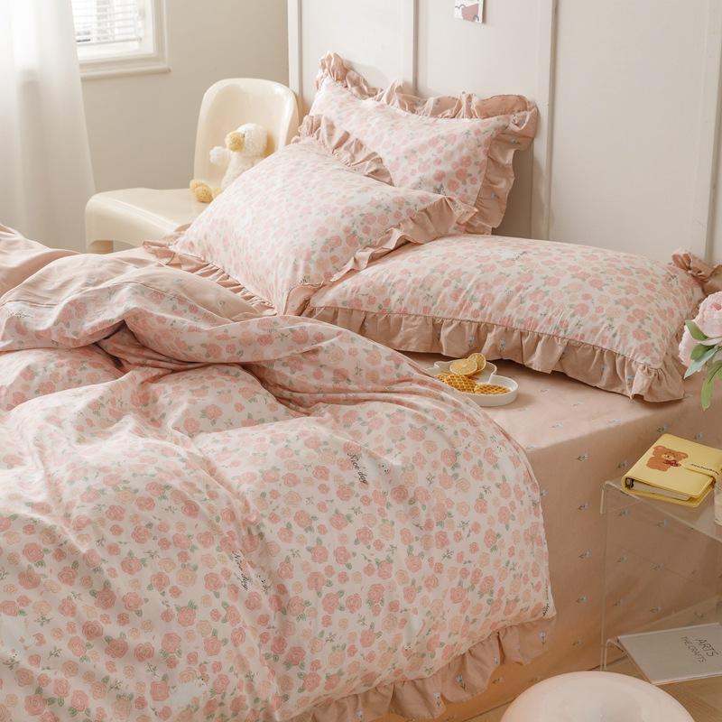 Księżniczka styl kwiatowy czysta bawełna mały świeży czteroczęściowy zestaw koronkowy prześcieradło poszwa na kołdrę prześcieradło z gumką łóżko trzyczęściowa poszwa na kołdrę
