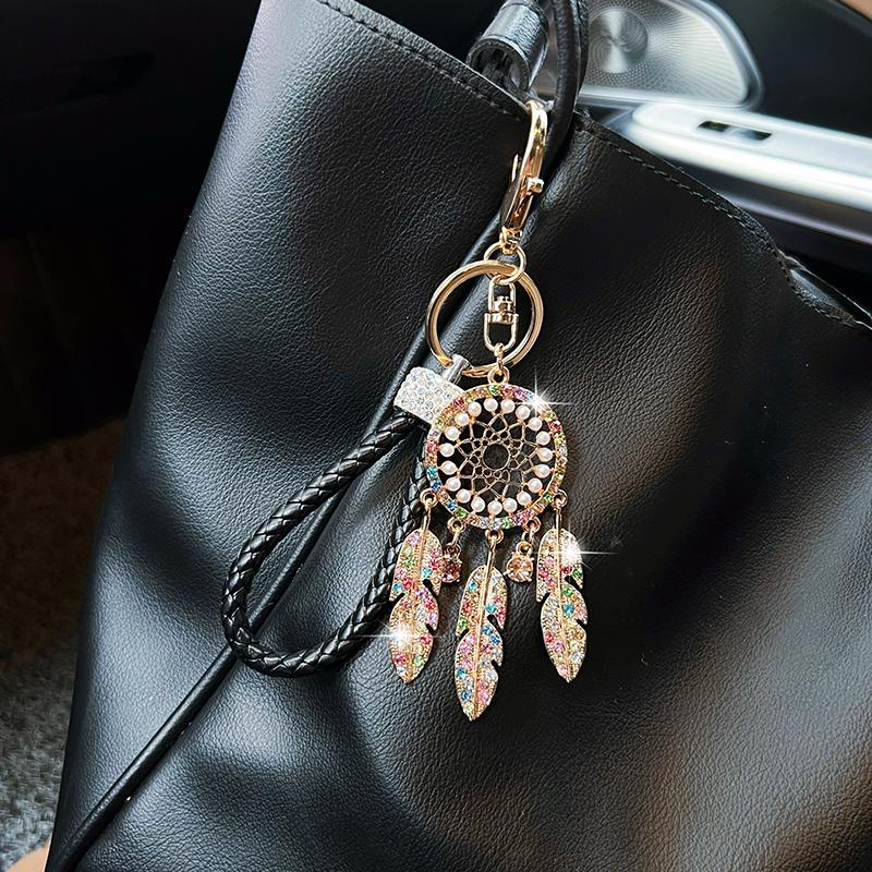 Новий підвіска-брелок для ключів автомобіля у формі ловець снів з інкрустацією стразами, креативний плетіний шнур з пір'ям, підвіска для сумки, маленький подарунок