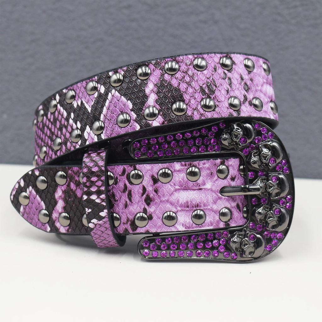 Cintura Unisex Y2K Teschio Strass con Borchie e Decorazioni Effetto Pelle di Serpente