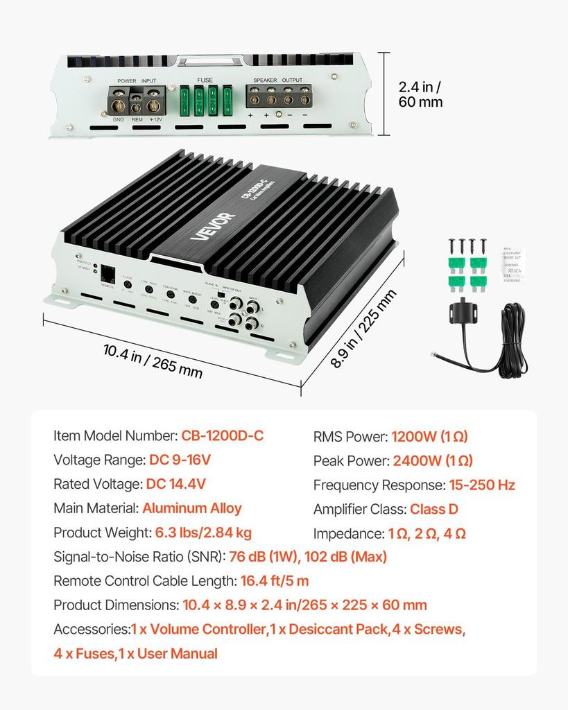 Monoblock Car Amplifier, 1200W RMS MAX, 1/2/4 Ohm Stable, 1-Channel Class D Car Audio Amplifier with Remote Subwoofer Level Control, Low Pass Filter,
