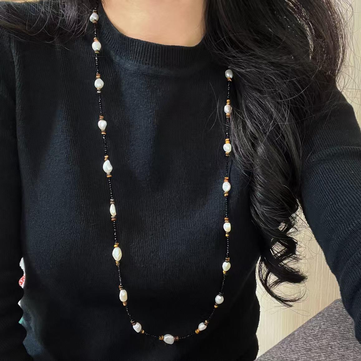

Vintage Maillard Style Natural Freshwater Pearl Tiger S Eye Stone Sweater Chain Necklace