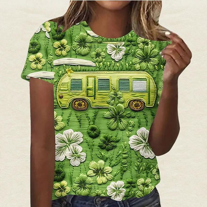 Summer Round Neck 3D St. Patrick's Day Print Top Fashionable Casual Short Sleeved Women's T-shirts