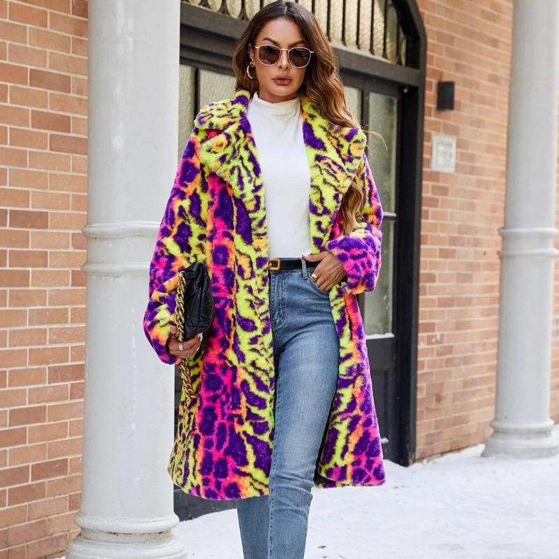 Imitation Fur Bump Color Leopard Print Fluffy Jacket Hooded Warm Long Plush Coat