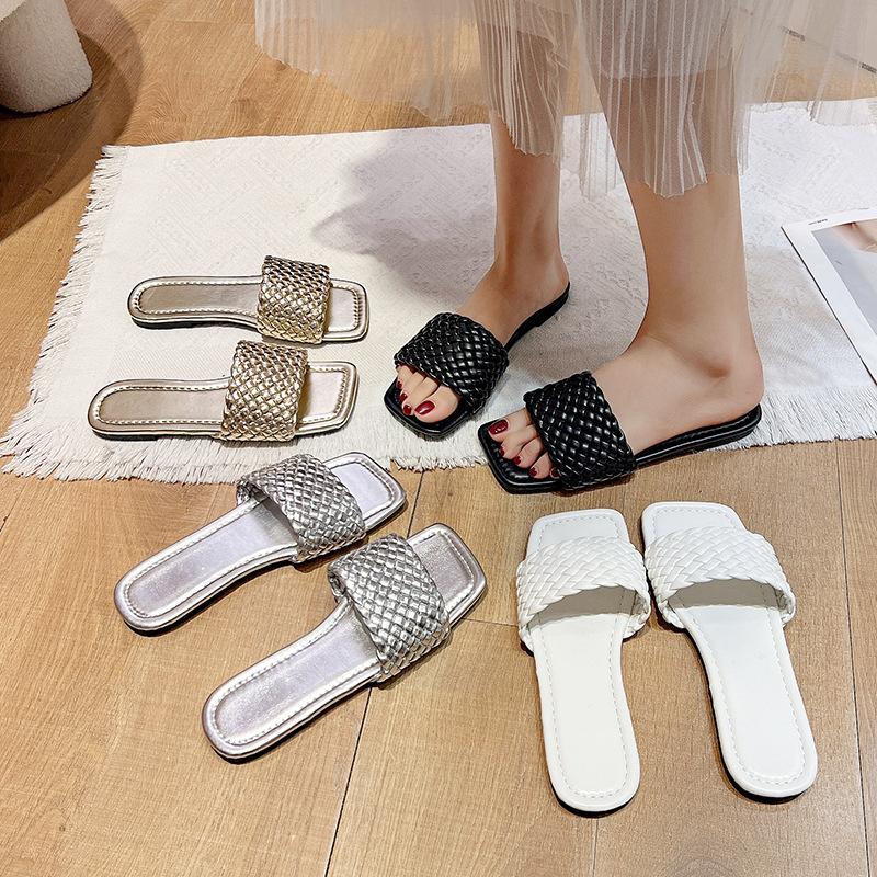 Large Size Flat-bottomed Slippers Women's Outer Wear Casual Simple Solid Color One-word Woven Belt Women's Slippers Slippers