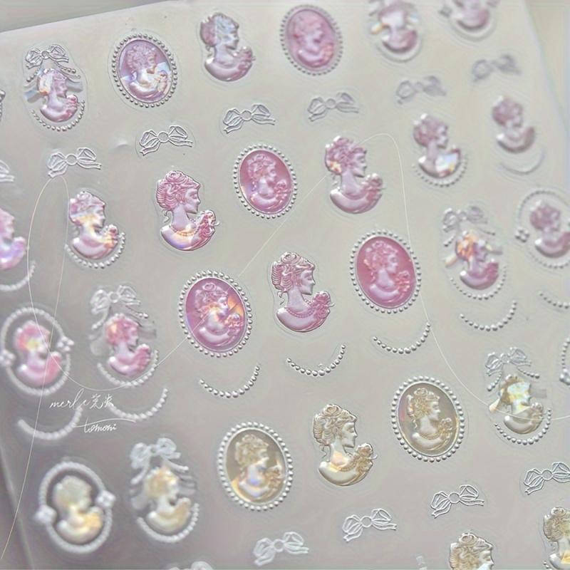 1pc Baroque Pearl Nail Sticker - Pink & Yellow Shell Iridescent Design with Vintage Lace Embossed Pattern for DIY Nails