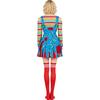 Scary Doll Cosplay Dress Women Horror Doll Halloween Themed Costume Dress Rainbow Stripe Off Shoulder Top Suspender Skirt Socks