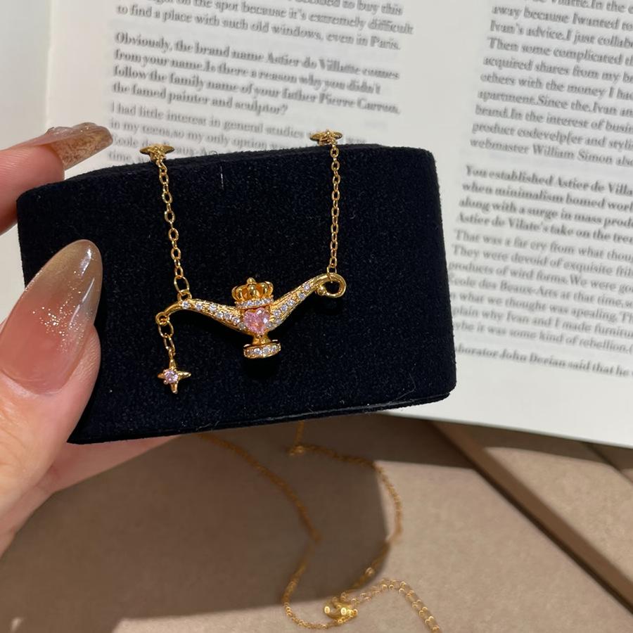 Sweetheart Leader Search Banner Magic Lamp Necklace Women'S Light Luxury Brushed Flash Micro Inlaid Smart Pink Diamond Pendant Collarbone Chain
