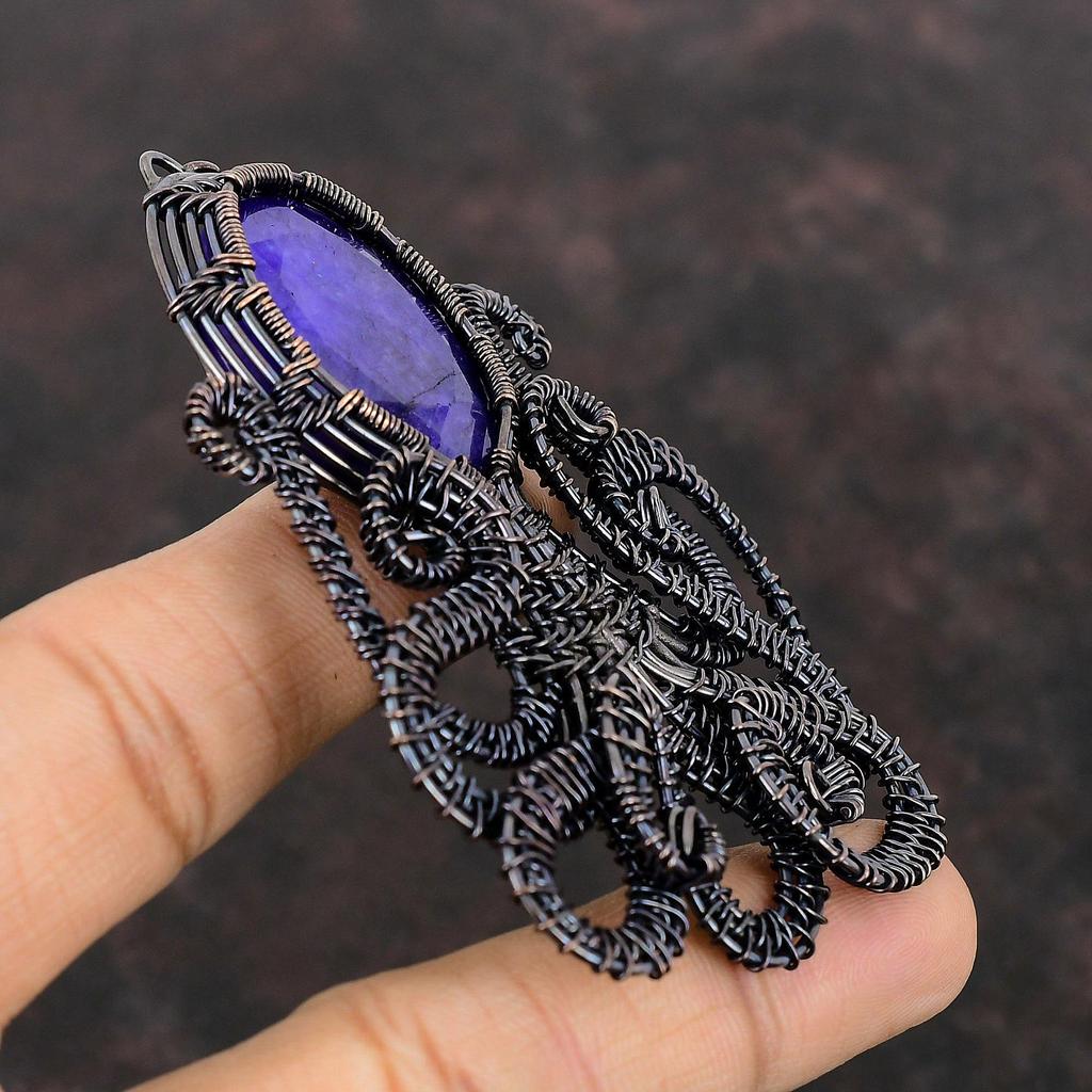 Faceted Blue Sapphire Pendant Copper Wire Wrapped Pendant Gemstone Jewelry Octopus Pendant Handmade Pendant Copper Wire Jewelry Gift For Her