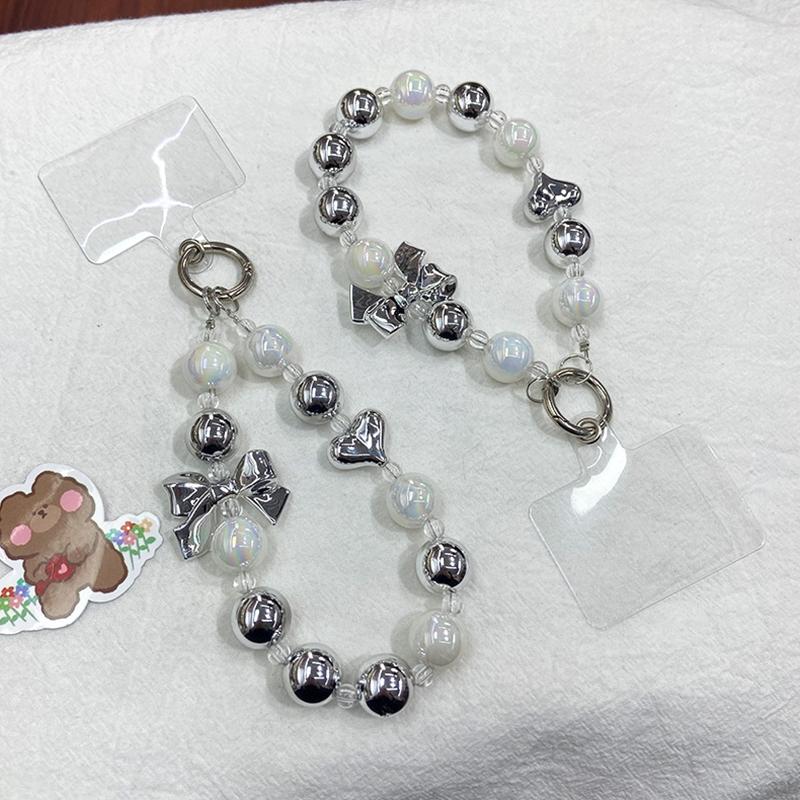 Y2K Silver Bow Beaded Phone Case Lanyard Stylish Bead Phone Chain Wrist Band Anti Lost Phone Strap Earphone Pendant Keychain