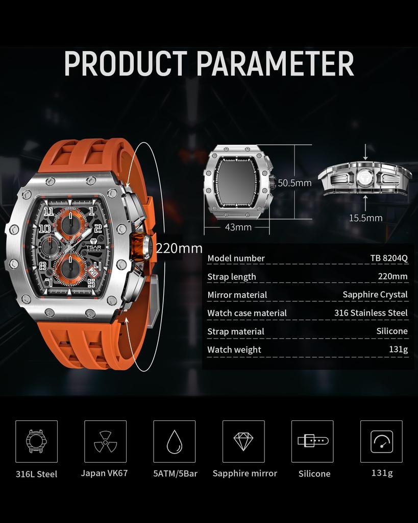 TSAR BOMBA Watch Skeleton Mechanical Automatic Watch Ceramic Japan Movement Tonneau Silicone Strap 50M Waterproof Luminous Luxury Wristwatch Business