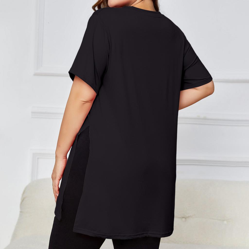 Women's Plus Size Slit Long T,shirt Round Neck Casual Loose Short Sleeved Top