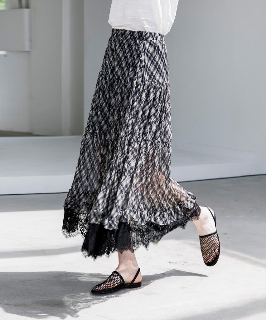 HYFVE Crinkle Check Lace Long Skirt