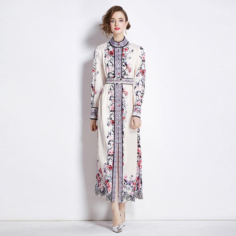 

Spring Autumn Women Vintage Print Flower Runway Dresses Full Sleeve Single Breasted Long Maxi Party Dress for Graduation M червоний