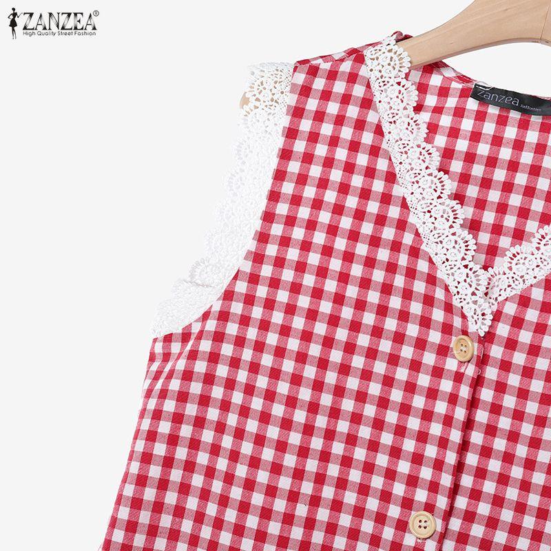 ZANZEA Women Sleeveless Tank Tops and Pants Summer Plaid Print Two Piece Suit Sets