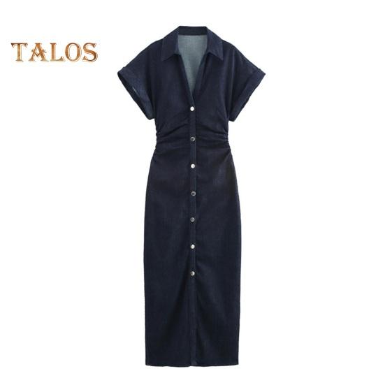 

Женское макси-джинсовое платье с застежкой на пуговицы, коротким рукавом, длинное джинсовое платье с V-образным вырезом и складками на талии, платье-рубашка А-силуэта L