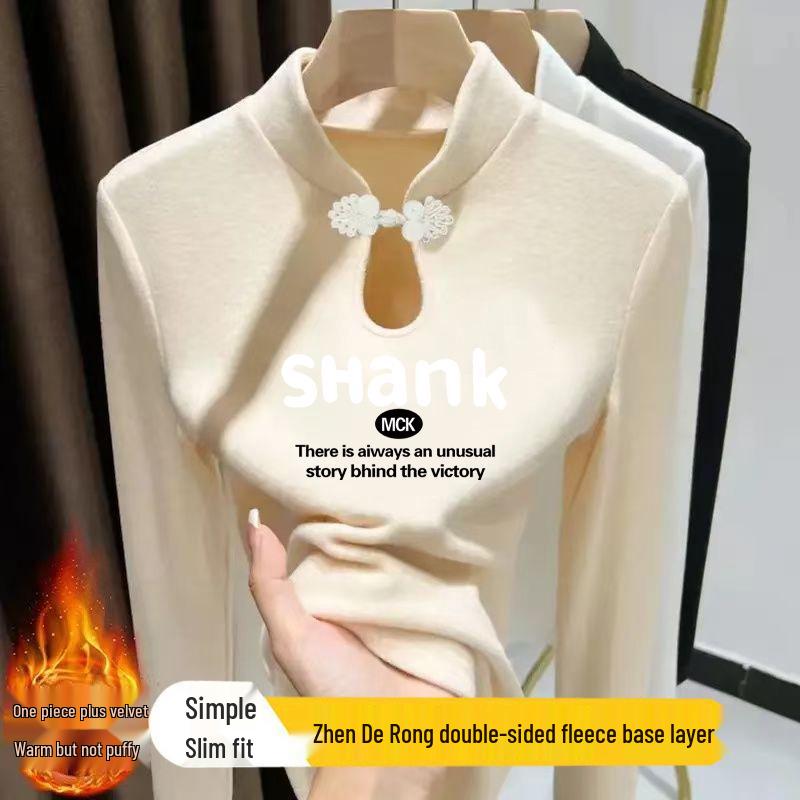 

Women s Autumn Winter Frog Button Stand Collar Long Sleeve T-Shirt with Water Drop Collar and Print Design S [up to 80 jin] абрикосовий