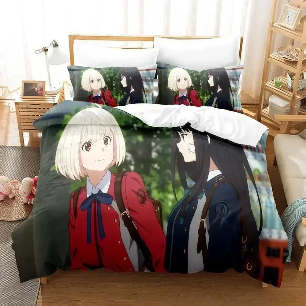Lycoris Recoil Bettwäsche-Set, Einzel-, Zwillings-, Voll-, Queen- und King-Size-Bettset, Schlafzimmer für Erwachsene und Kinder, Bettbezug-Set, 3D-Anime-Bettlaken-Set