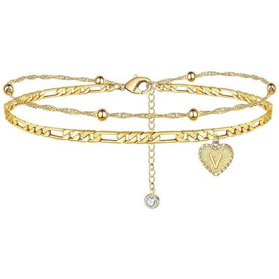 Beach Anklet for Women 26 Letters Heart Initial Anklet Handmade Dainty Layered Letter Initial Heart