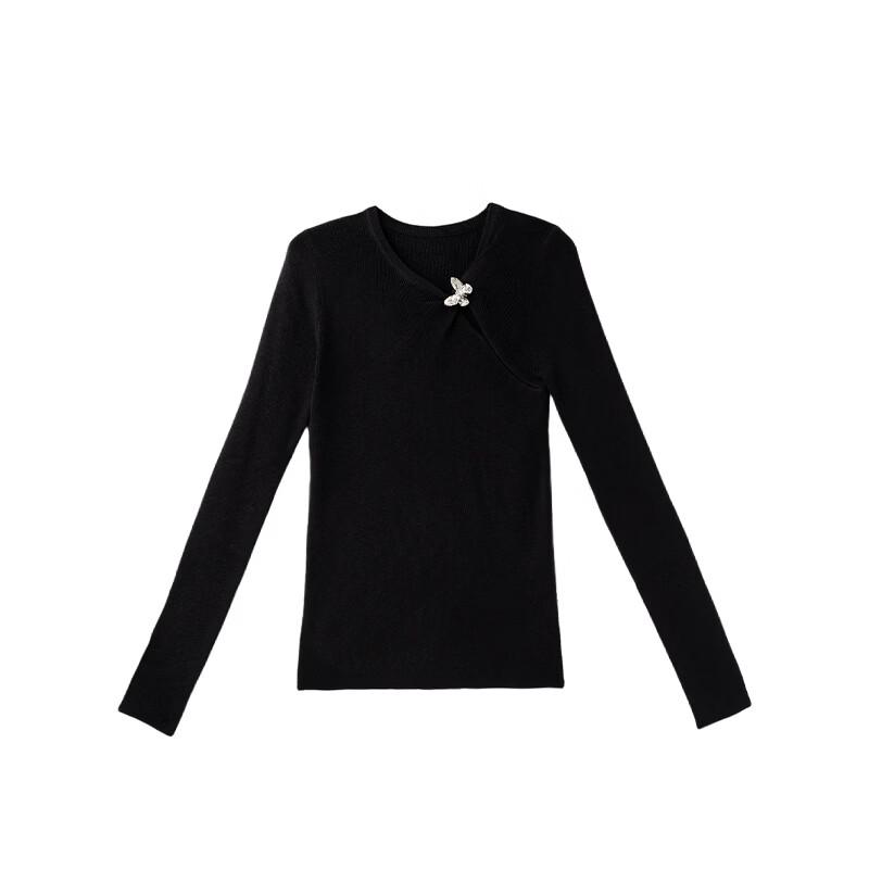 HECO Butterfly Brooch Twisted Collar Long Sleeve Knit Top