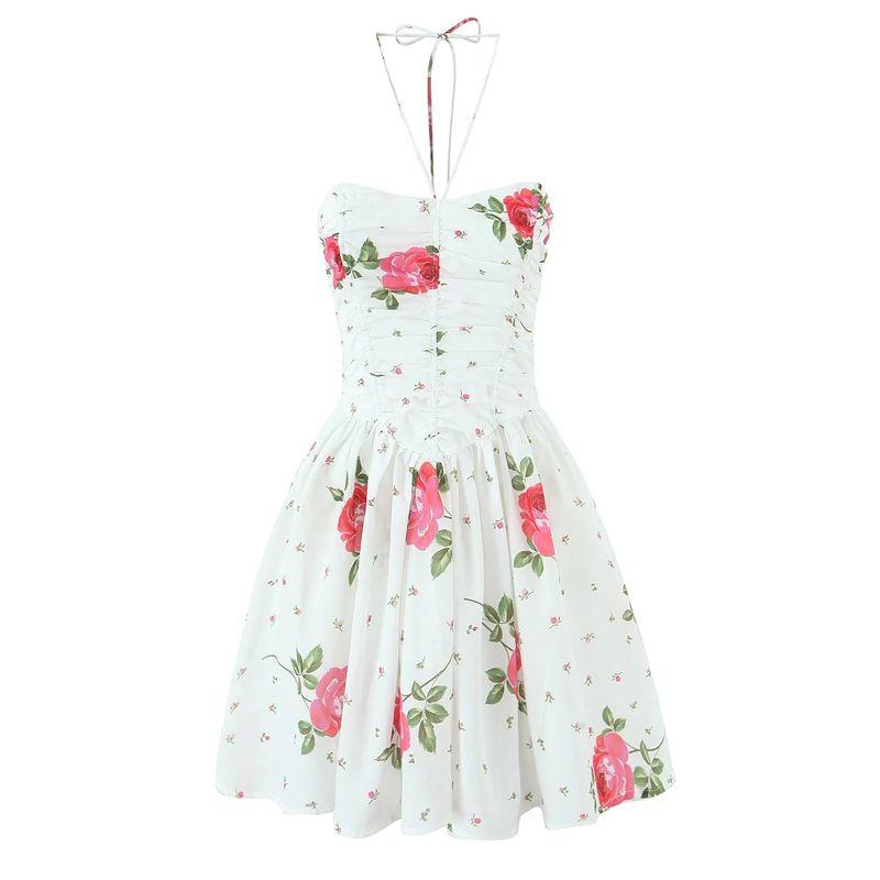 

Flower Appearance Moon for Love French style Beautiful Rose Print Hanging Neck Sling Strapless Dress Sweet Vacation Dress Rose Hanging Neck Skirt L