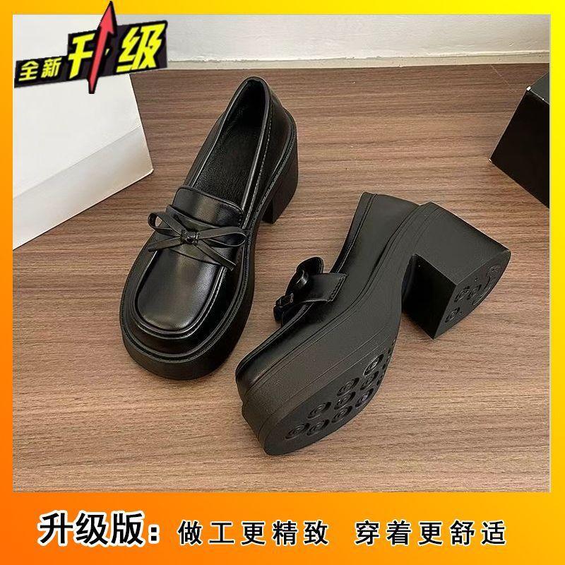 Retro Round Head Versatile Thick High-heeled Small Leather Shoes for Women's 2025 Spring New Japanese Skirt Bow Loafers