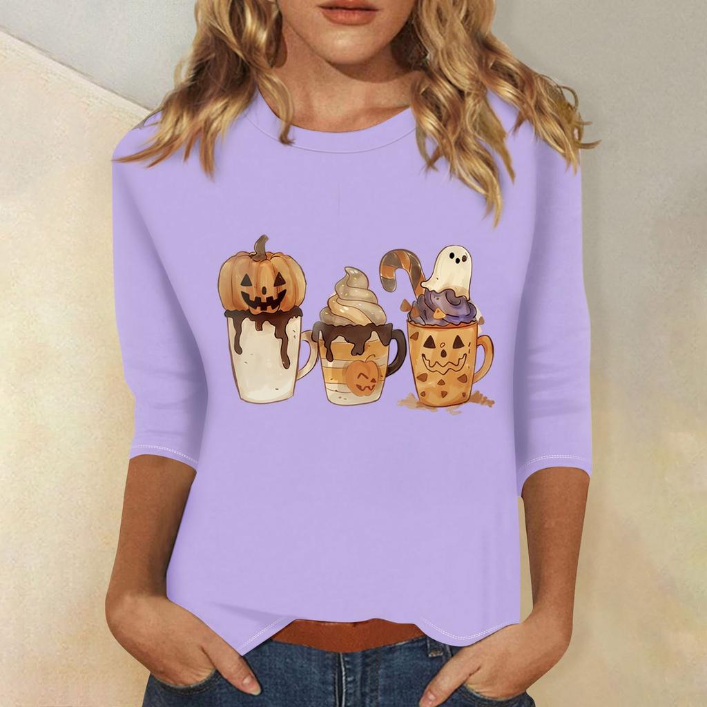 Women's Fashion Casual Three-quarter Sleeve Halloween Printed Round Neck Top