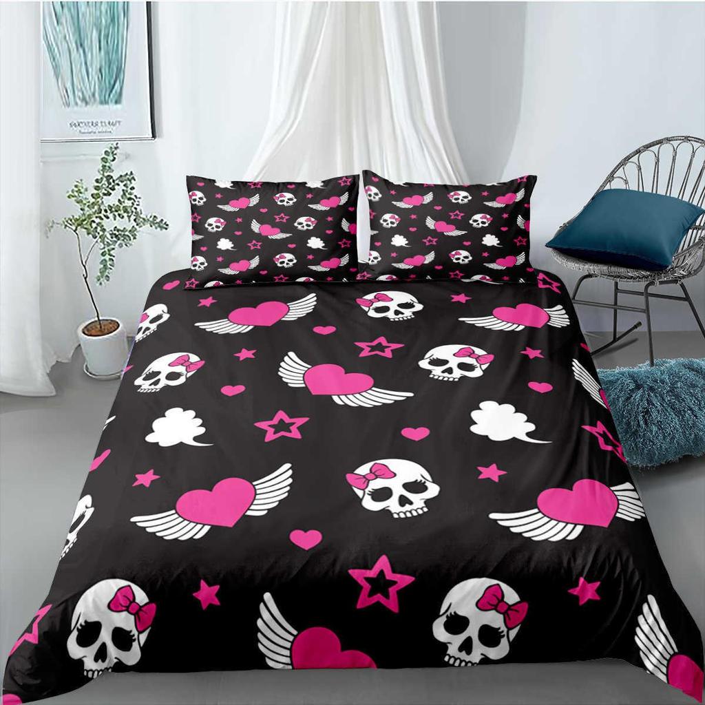 Gothic Death Moth Skull Duvet Cover King Size Microfiber Bedding Set For Teen Boy Skeleton Love Heart