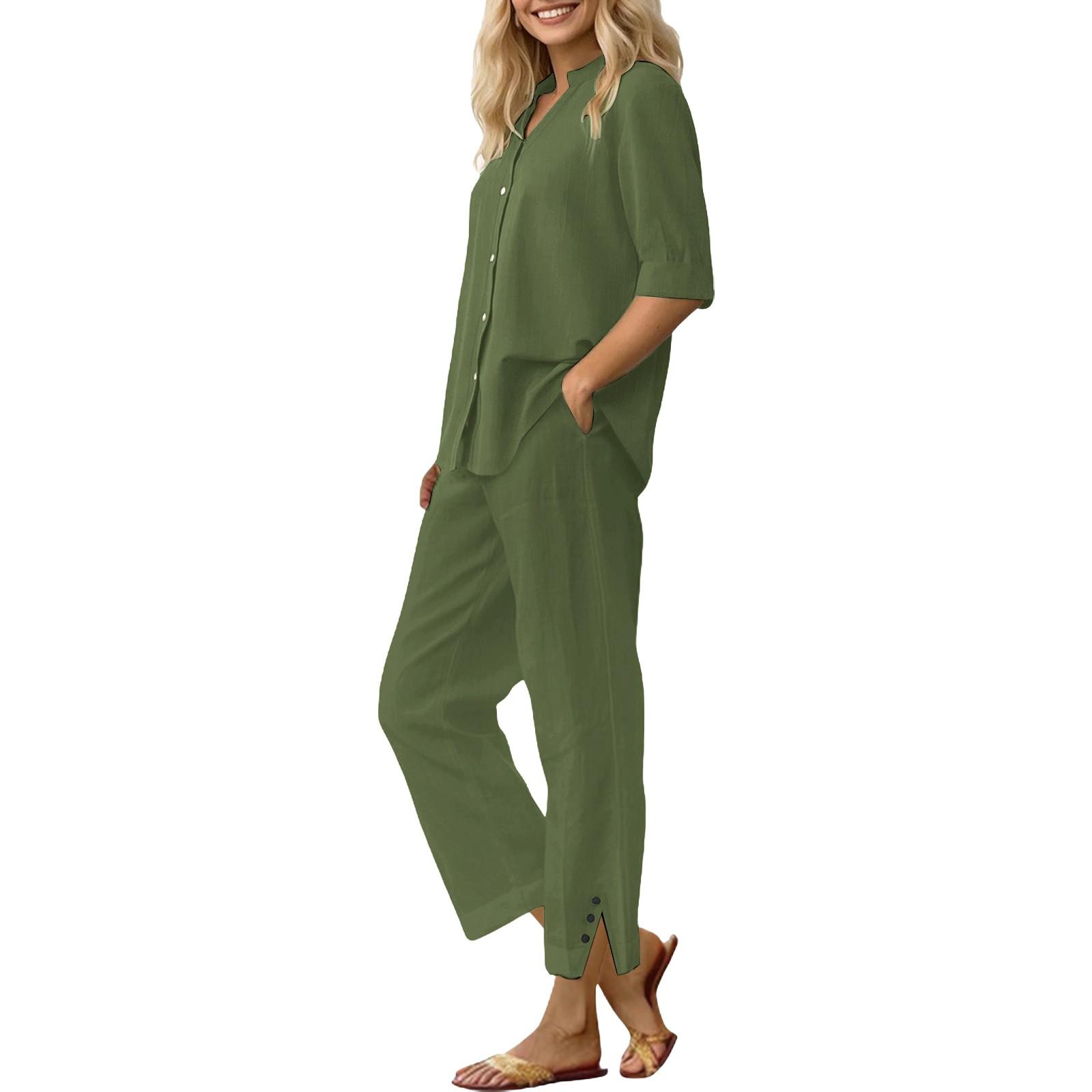 Women s Loose Fashion Color Cotton And Linen Seven Sleeve Cardigan Pants Set XXL