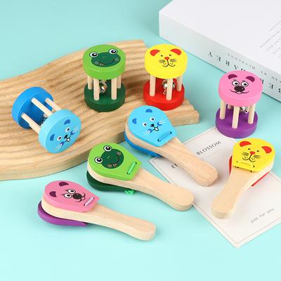 Kids Cartoon Wooden Castanets Five-Stud Rattle Bells Baby Clapper Handle Musical Instruments Toys Educational Toys For Children