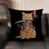 Japanese Style Samurai Cat Cushion Cover Natural Linen Organic Fabric DoubleSided Printing Sofa Home Decor Gift Pillow Case