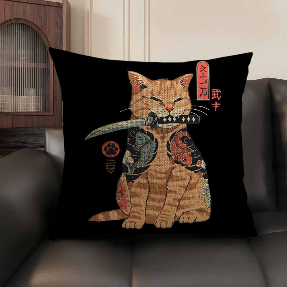 Japanese Style Samurai Cat Cushion Cover Natural Linen Organic Fabric DoubleSided Printing Sofa Home Decor Gift Pillow Case