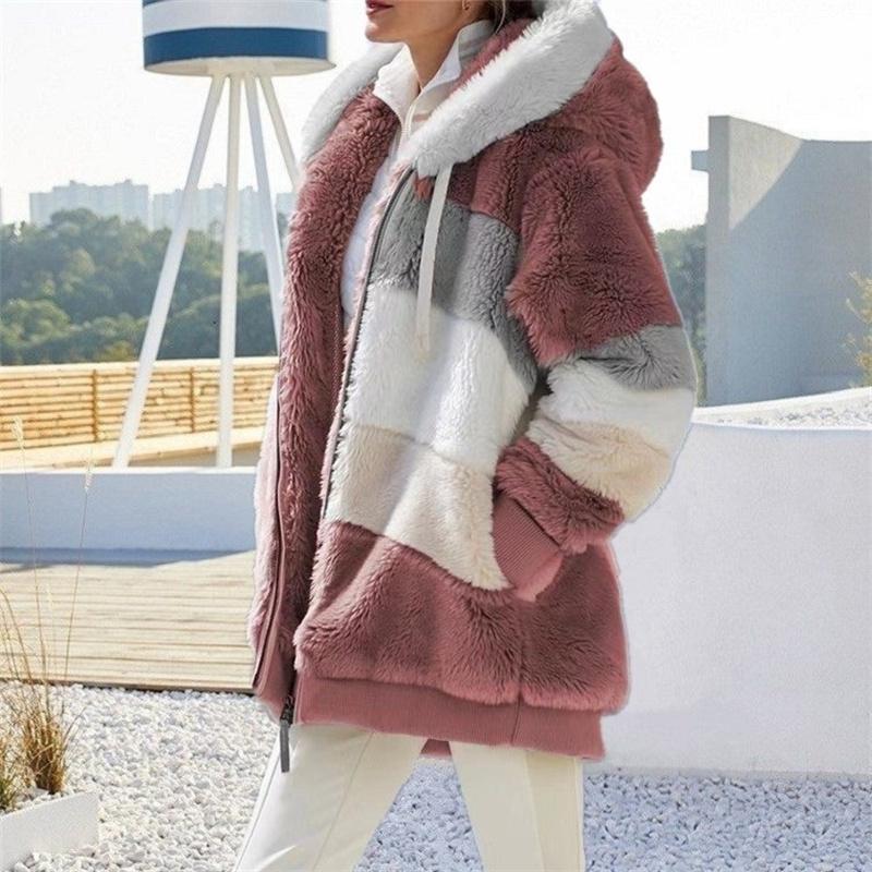 Winter Thickening Warm New Fashion Women Jacket Stitching Plaid Ladies Coats Casual Hooded Loose Plush Zipper Ladies Clothes