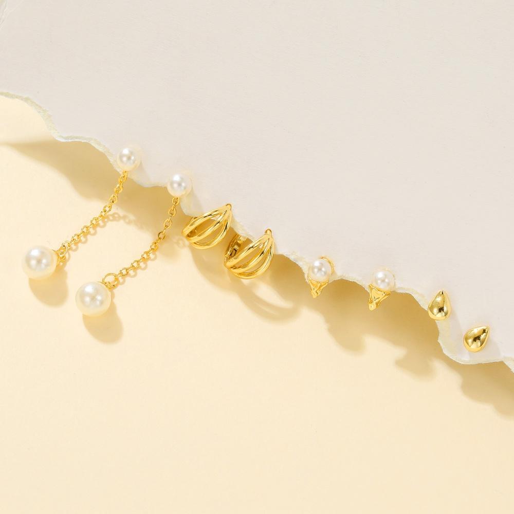 18K Gold Plated French Pearl Chain Earrings for Women Fashion Elegant Geometric Triangular Earring Set Jewelry Mother's Day Gift
