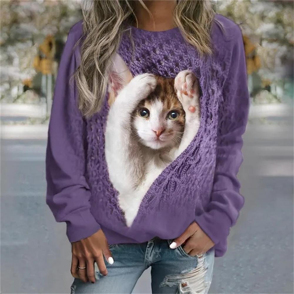 Jersey de manga larga para mujer, camiseta con estampado de gato a la moda en 3D, Jersey informal de calle para chica, suéter de cuello redondo, Top diario para mujer