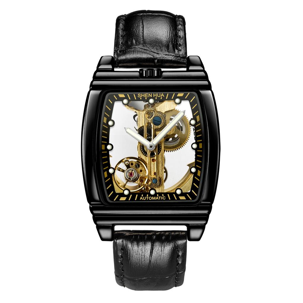 Reloj Mecánico Automático Transparente Hombre Steampunk Esqueleto Engranaje de Lujo Cuerda Automática Cuero Relojes de Hombre Montre Homme