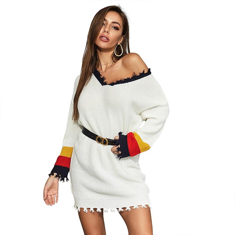 Casual Fashionable and Elegant Autumn Long-sleeved Splicing Long Section of Women's Sweater Dress Autumn and Winter One Piece of Hair