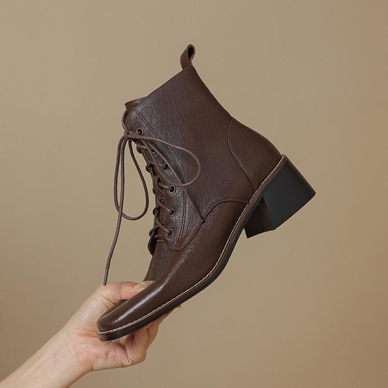 Fashion NEW Autumn/Winter Women Boots Genuine Leather Shoes for Women Square Toe Chunky Heel Shoes Lace-up Modern Boots Plus Size Shoes