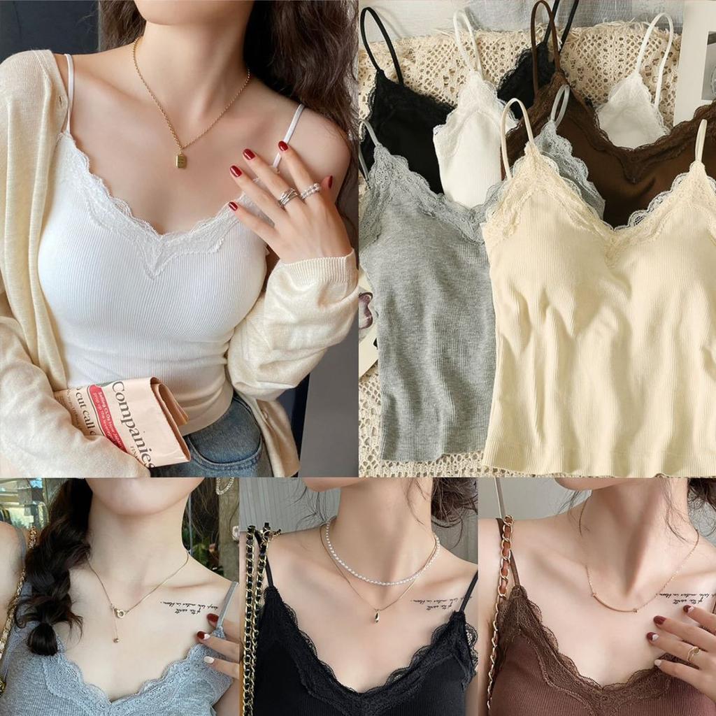 Bow Lace Spaghetti Strap Camisole Women Padded Backless Crop Tank Top