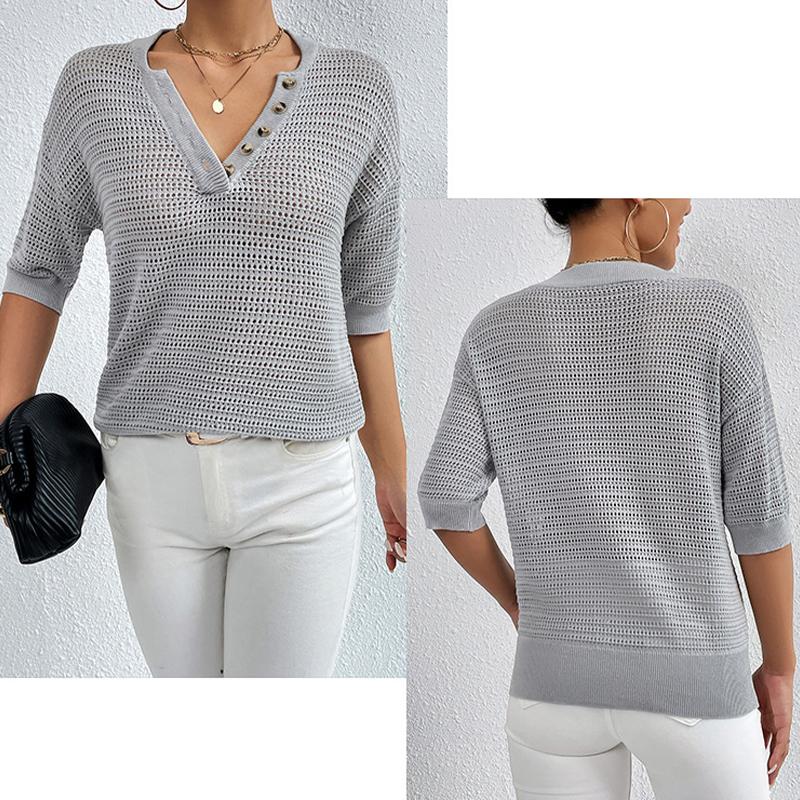 Women's Top Casual V-neck Cut-out Knit Pullover Short Sleeve T-shirt