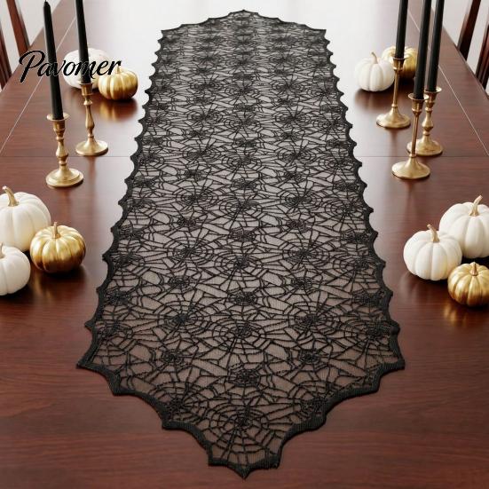 Gothic Table Decor Halloween Runner, Black Lace Spider Web Runners, 17.7 X Vintage Cover 70.9Inch for Home Party Dinner Kitchen Mantel Bedroom